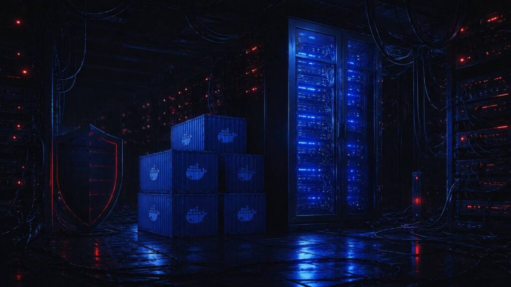 Contenedores Docker protegidos junto a servidores iluminados en azul