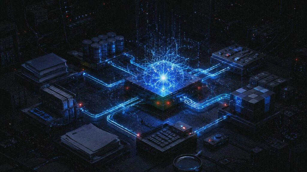 Núcleo de inteligencia artificial conectado con herramientas, memoria y datos