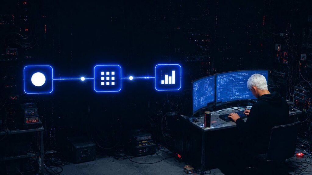 Tres nodos luminosos conectados en un flujo de automatización