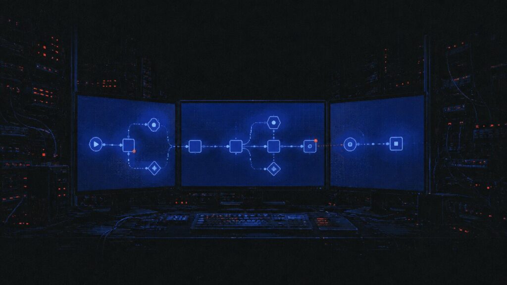 Representación de un workflow de automatización en tres monitores